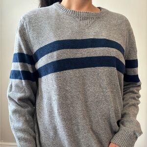 American Eagle Cotton Stripe Gray & Blue Crew Neck Sweater - Woman's Medium